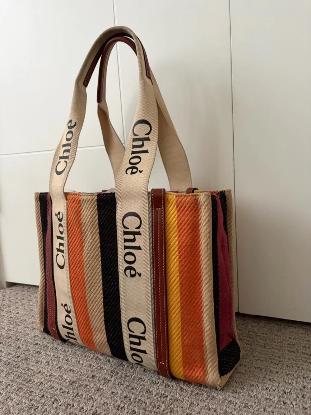 Chloé Multicolor Striped Canvas Tote with Branded Cream Straps - Picture 3 of 4